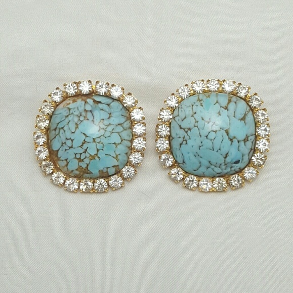 Vintage Faux Turqoise & Clear Rhinestone Earrings - Picture 2 of 7
